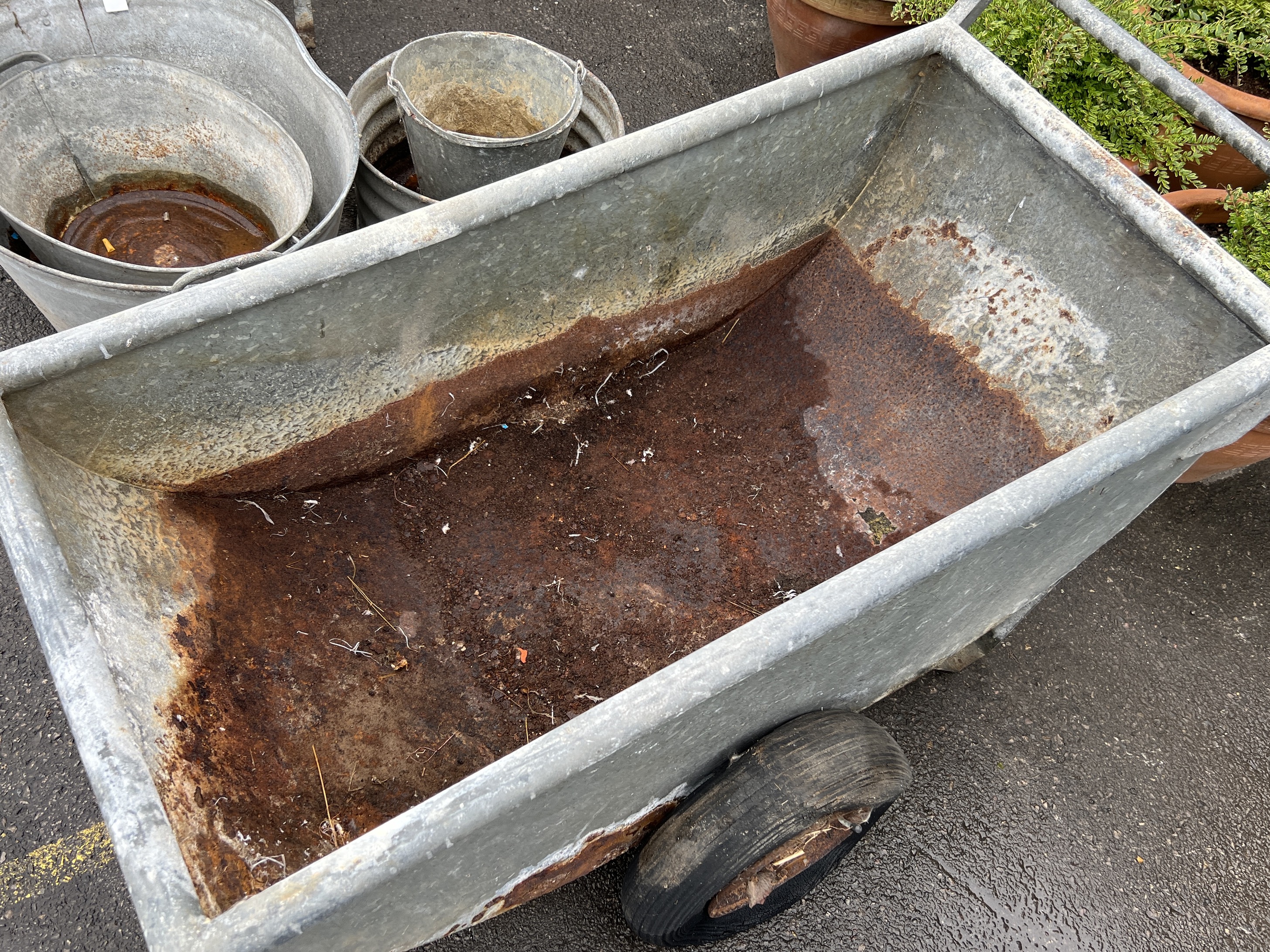 A vintage galvanised feed barrow, length 136cm, depth 64cm, height 72cm